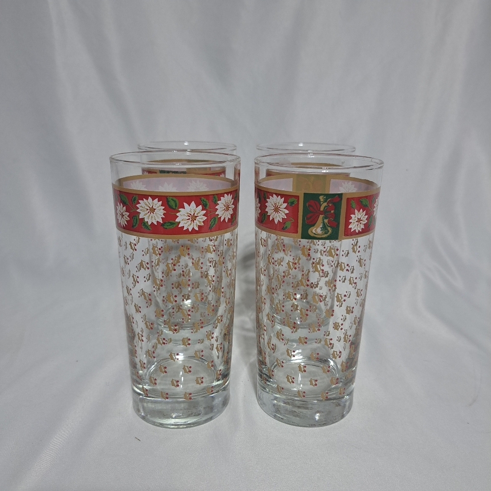 VTG Kobe Charlton Hall 14 Oz‎ Christmas Glasses Set Of 4 Red Gold Discontinued